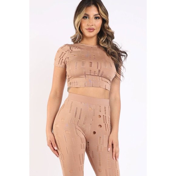 Women s Two-Piece Distressed Crew Neck Crop Tops And High Waist Leggings Set - Picture 10 of 10